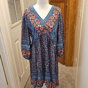 Blue V-Neck Bishop Sleeve Sundress